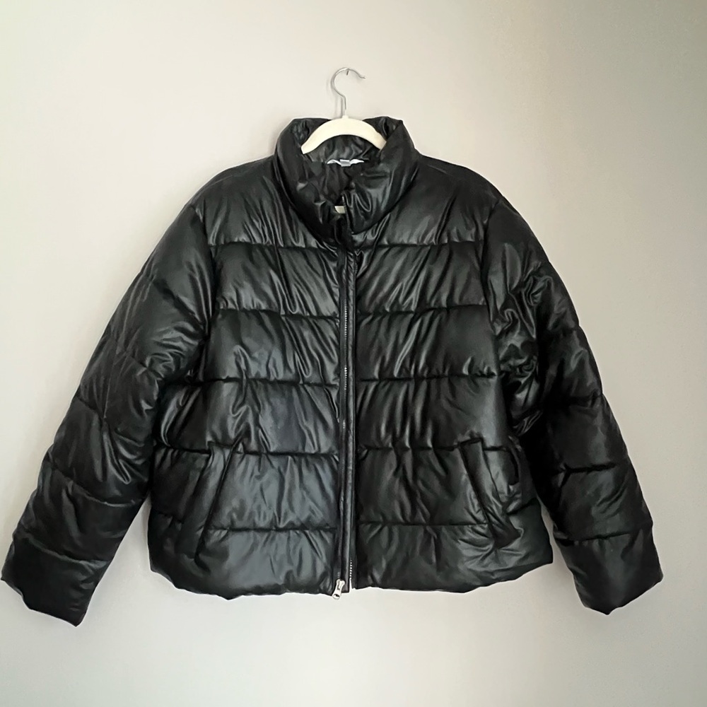 Women's Pleather Black Puffer Jacket